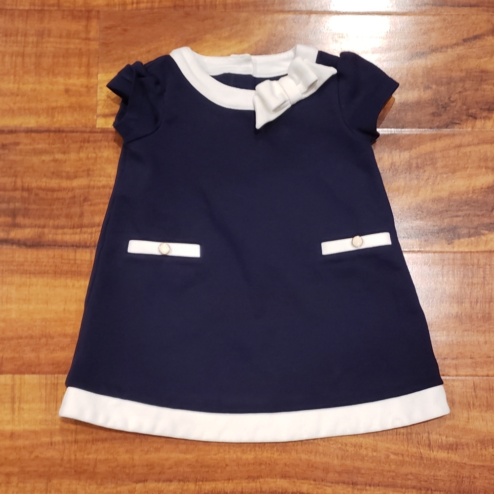 Janie and Jack EUC 12-18 months navy blue and white ponte dress w/ diaper cover - Picture 2 of 8